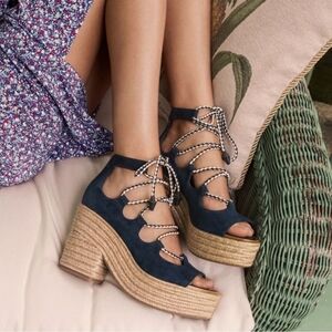 TORY BURCH Positano Suede Lace Up Platform Heel Women Sandals Size 9.5 Blue Beig